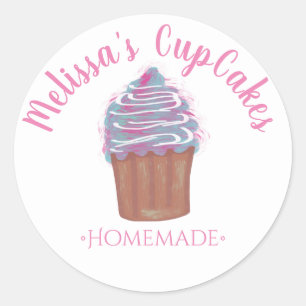 Pegatina Redonda Cupcakes Acuarela Panadería Casera Pizarra