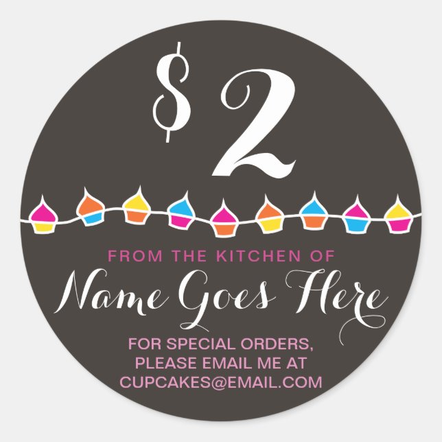 Pegatina Redonda CUPCAKES de la cocina de los precios (Anverso)