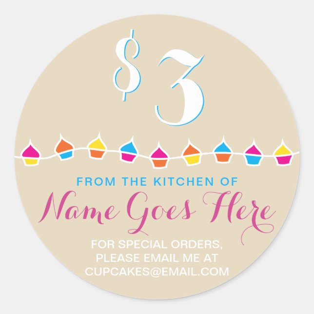 Pegatina Redonda CUPCAKES de la cocina de los precios (Anverso)