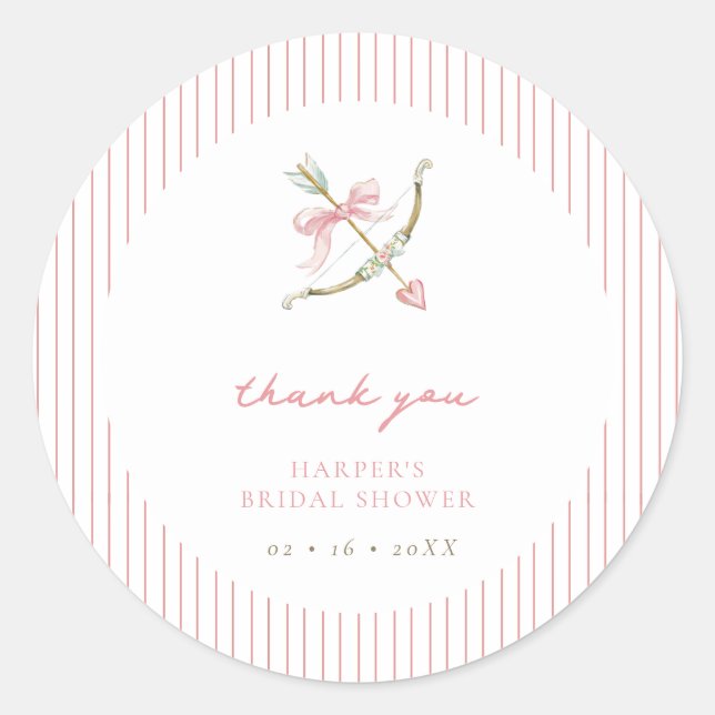 Pegatina Redonda Cupid Arrow & Stripes Bridal Shower Thank You (Anverso)