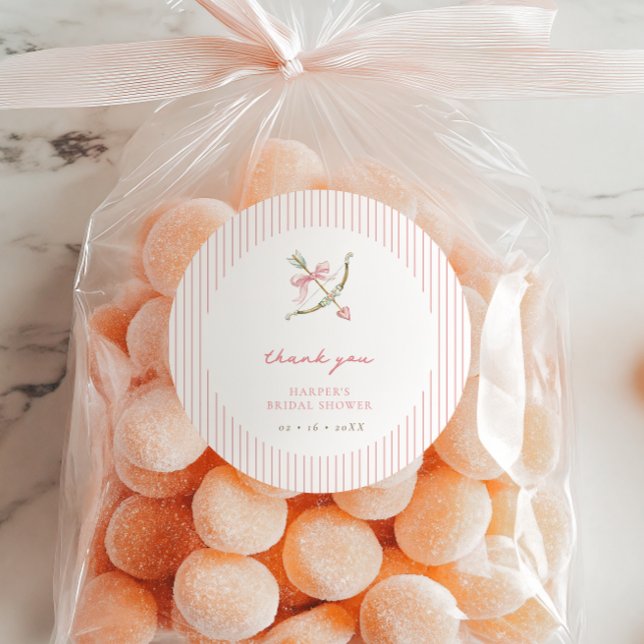 Pegatina Redonda Cupid Arrow & Stripes Bridal Shower Thank You (Subido por el creador)