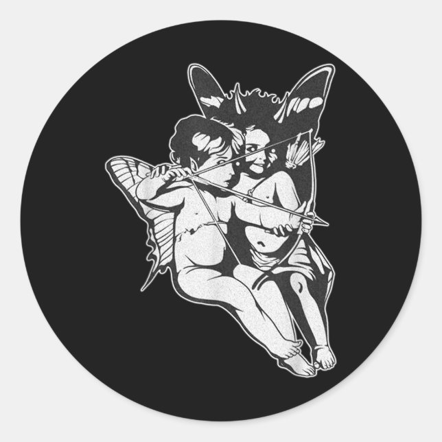 Pegatina Redonda Cupid Blackwork Tattoo Flash (Anverso)