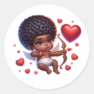 Pegatina Redonda Cupido bebé lindo con corazón y flecha