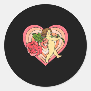 Pegatina Redonda Cupido Querubín Ángel Con Corazón De Rosa Roja Amo