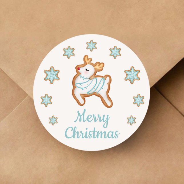 Pegatina Redonda Cura de reno Feliz Navidad (Cute Reindeer Merry Christmas Classic Round Sticker)