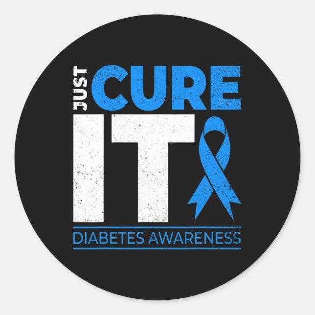 Pegatina Redonda Cure It Diabetes Awareness Blue Ribbon Diabet (Anverso)