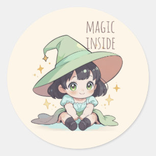 Pegatina Redonda Curiosa mágica Kawaii Baby Witch