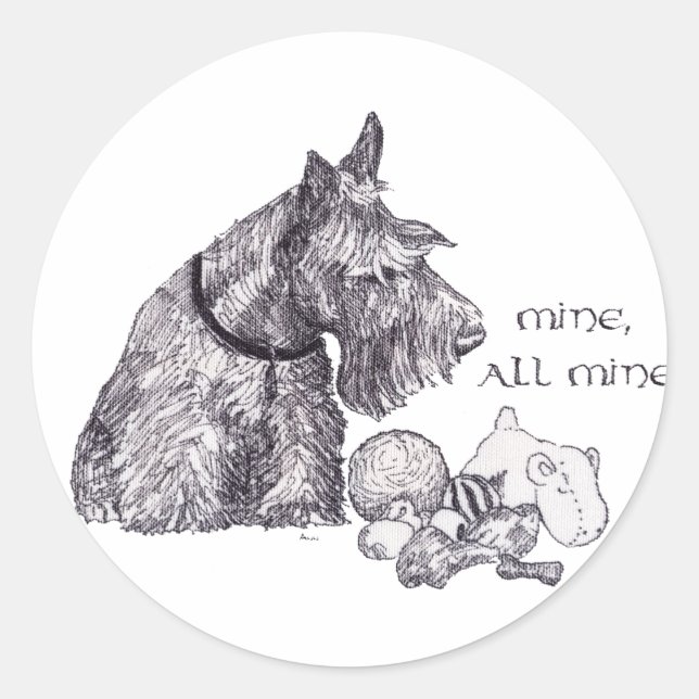 Pegatina Redonda Curiosa mina de terrier escocés, todo mío (Anverso)