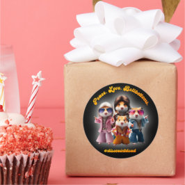 Pegatina Redonda Curiosa Paz. Amor. Bellbottoms. Supergrupo Hamster