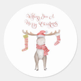 Pegatina Redonda Curiosa y caprichosa Moose Feliz Navidad