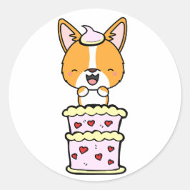 Pegatina Redonda Curioso corgi saltando de un pastel