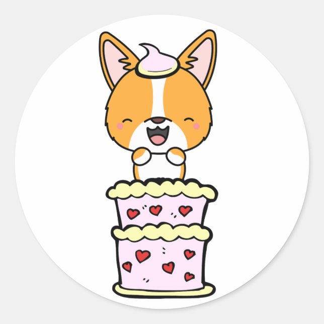 Pegatina Redonda Curioso corgi saltando de un pastel (Anverso)