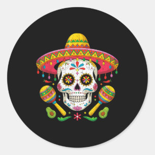 Pegatina Redonda Curioso cráneo Cinco De Mayo Funny con Gorra Sombr