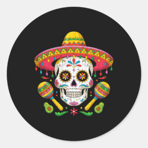 Pegatina Redonda Curioso cráneo Cinco De Mayo Funny con Gorra Sombr