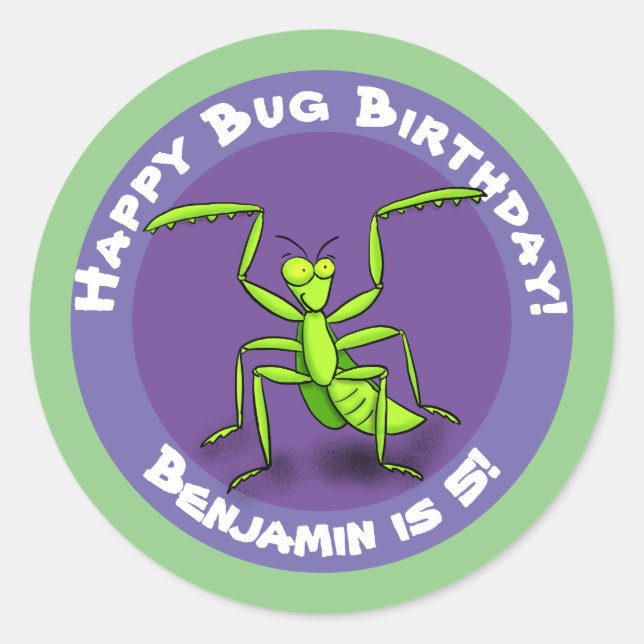 Pegatina Redonda Curioso mantis de oración verde personalizado clás (Anverso)
