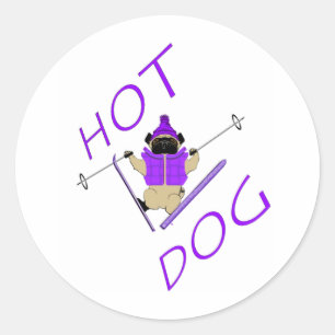 Pegatina Redonda Curioso perro caliente esquiar Pug Purple Jacket y