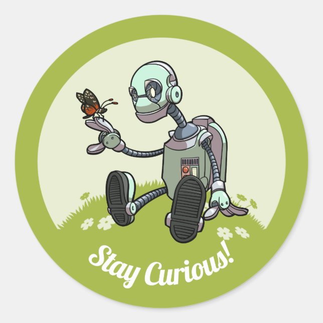 Pegatina Redonda Curioso Robot ve a su primer Personalizado maripos (Anverso)