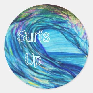 Pegatina Redonda Curl azul, Surfs Up
