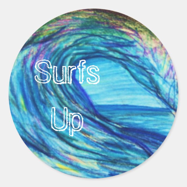 Pegatina Redonda Curl azul, Surfs Up (Anverso)