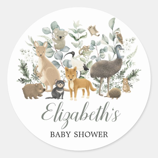 Pegatina Redonda Curte Australian Animals Eucalyptus Baby Shower (Anverso)
