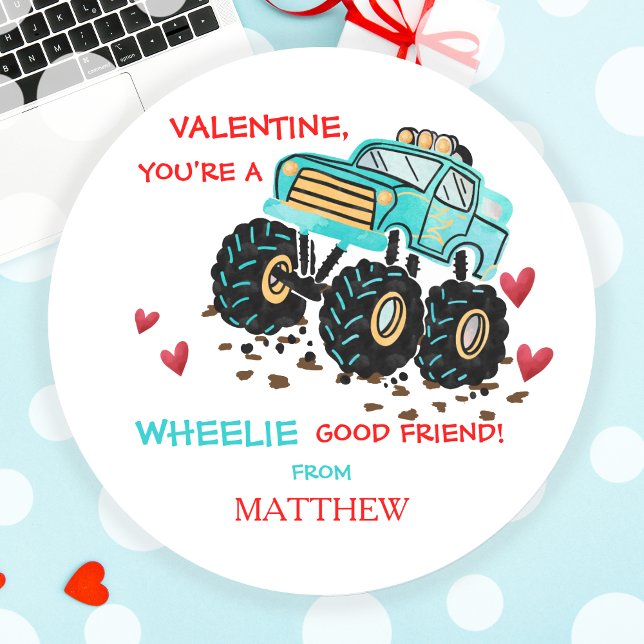 Pegatina Redonda Curte Blue Monster Truck School Valentine (Cute Blue Monster Truck School Valentine Classic Round Sticker)