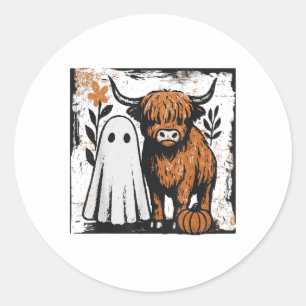 Pegatina Redonda Curte Fall Highland Cow Ghost Spookone Season Fung