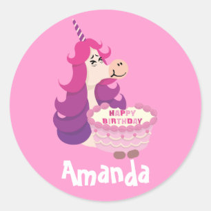 Pegatina Redonda Curte Happy Birday Unicorn Pink Purple simple
