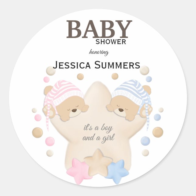 Pegatina Redonda Curte Sleeping Teddy Bear Twins Baby Shower Classi (Anverso)