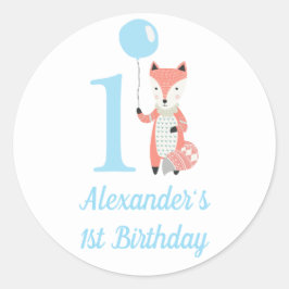 Pegatina Redonda Curte Whimsical Fox & Balloon Blue 1º cumpleaños