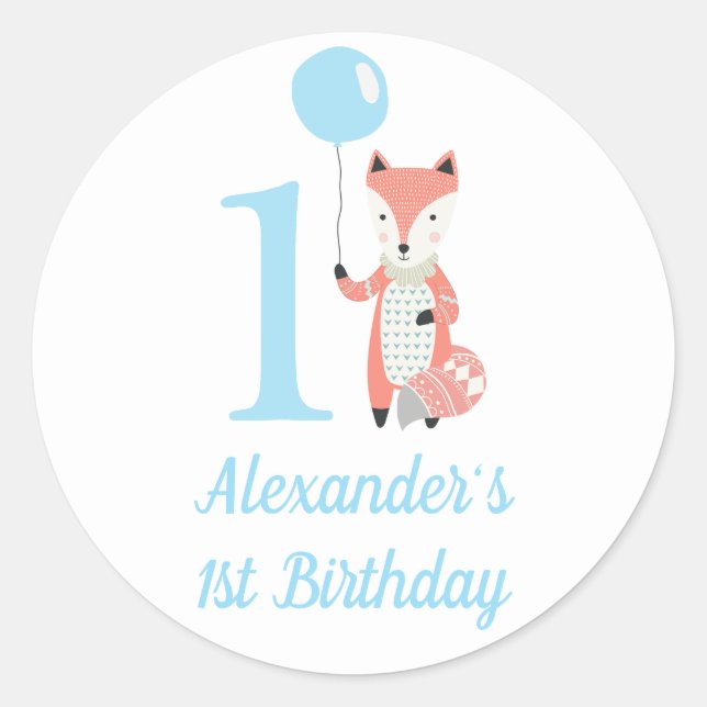 Pegatina Redonda Curte Whimsical Fox & Balloon Blue 1º cumpleaños (Anverso)