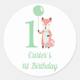 Pegatina Redonda Curte Whimsical Fox & Balloon Green 1er cumpleaños