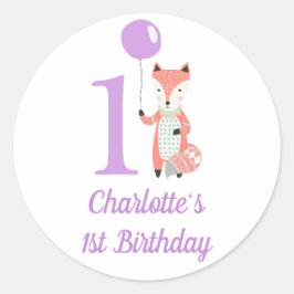 Pegatina Redonda Curte Whimsical Fox & Balloon Purple 1er cumpleaño