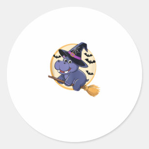 Pegatina Redonda Curte Witch Hippo Moo Deng Halloween Broom Rie