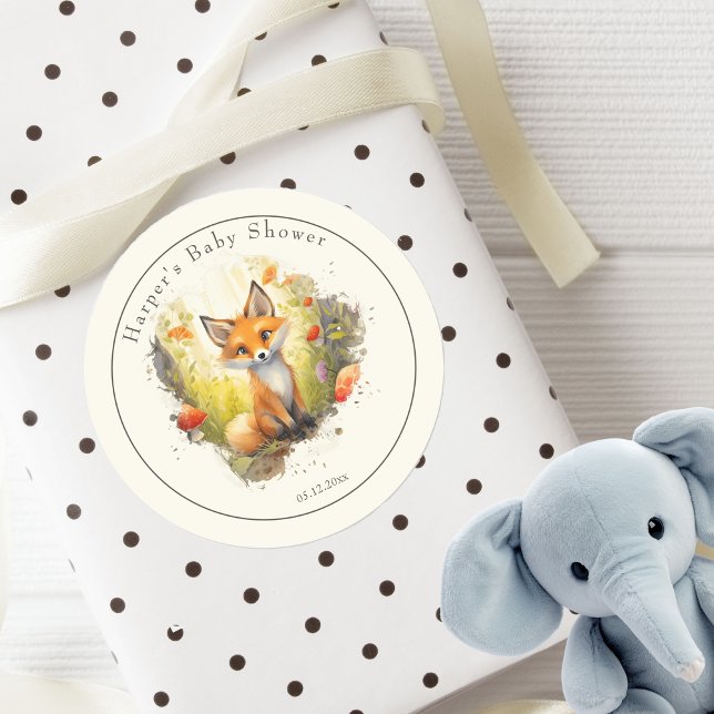 Pegatina Redonda Curte Woodland Fox Baby Shower Favor (Subido por el creador)