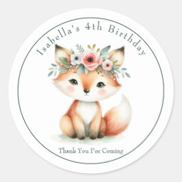 Pegatina Redonda Curte Woodland Fox "Gracias" por el cumpleaños