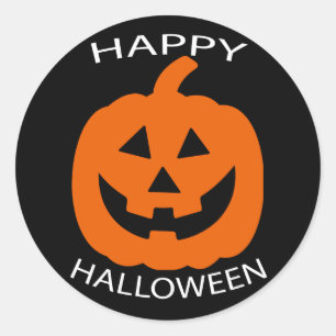 Pegatina Redonda Curva Jack-O-Lantern texto feliz Halloween en negr