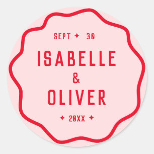 Pegatina Redonda Curva Retro Ondulada Squiggle Rojo Rosa Brillante 