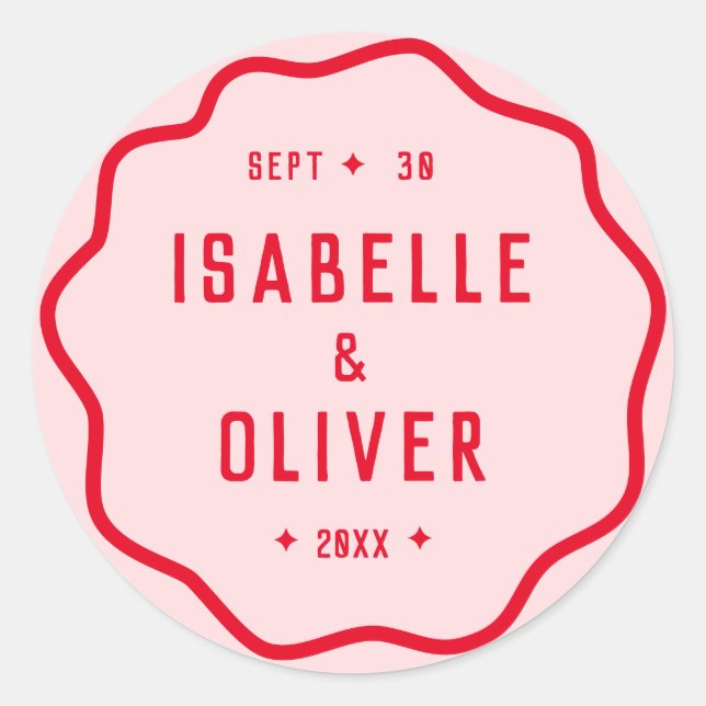 Pegatina Redonda Curva Retro Ondulada Squiggle Rosa Brillante Rojo  (Anverso)