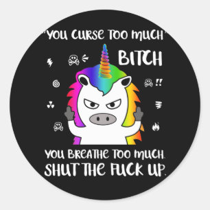 Pegatina Redonda Cussing enojado insulta a unicornio
