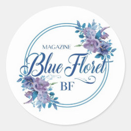 Pegatina Redonda Custom Blue Floral Logo Sticker – Elegant Round