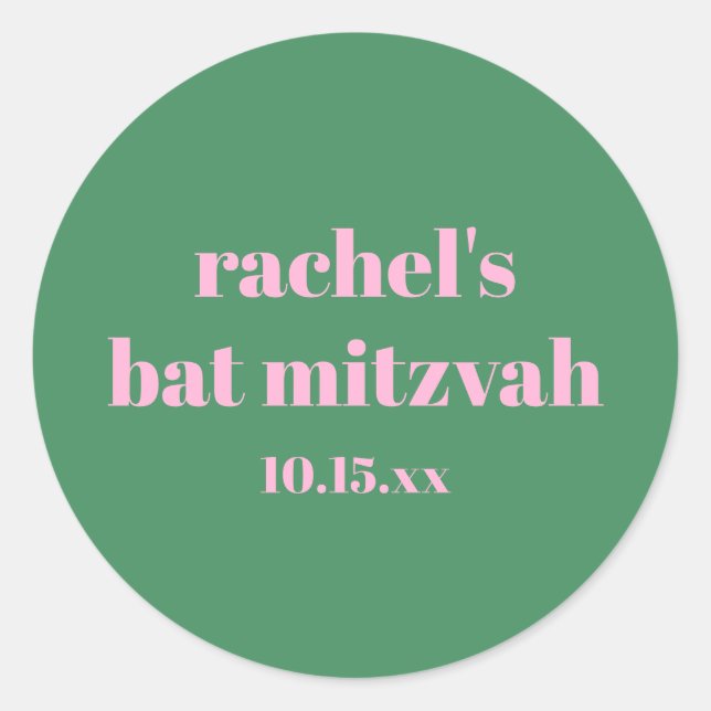 Pegatina Redonda Custom Bold Pink Green Cute  Modern Bat Mitzvah (Anverso)