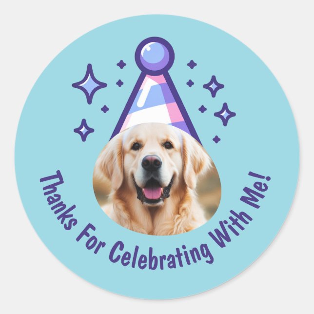 Pegatina Redonda Custom Dog Photo Birthday Thanks Party Hat Favors (Anverso)