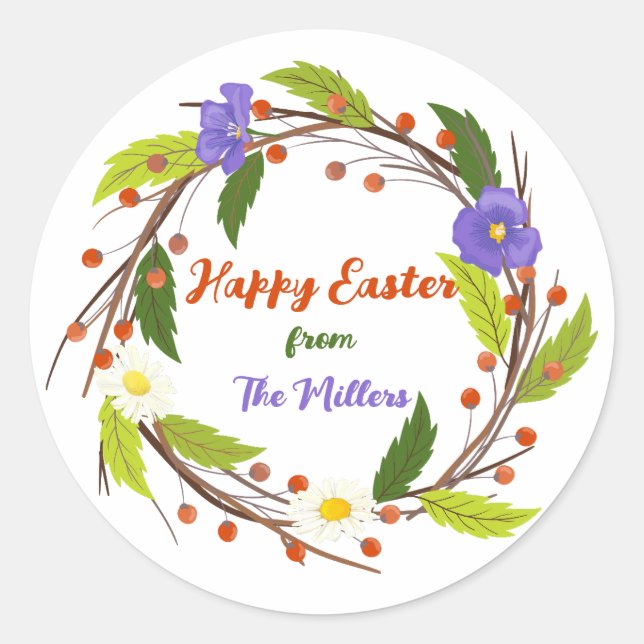 Pegatina Redonda Custom Easter Wreath Sticker with Family Name (Anverso)