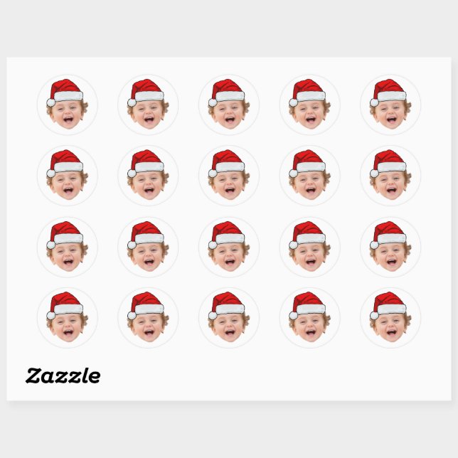 Pegatina Redonda Custom Face Santa Stickers, Face Photo Santa Hat (Hoja)