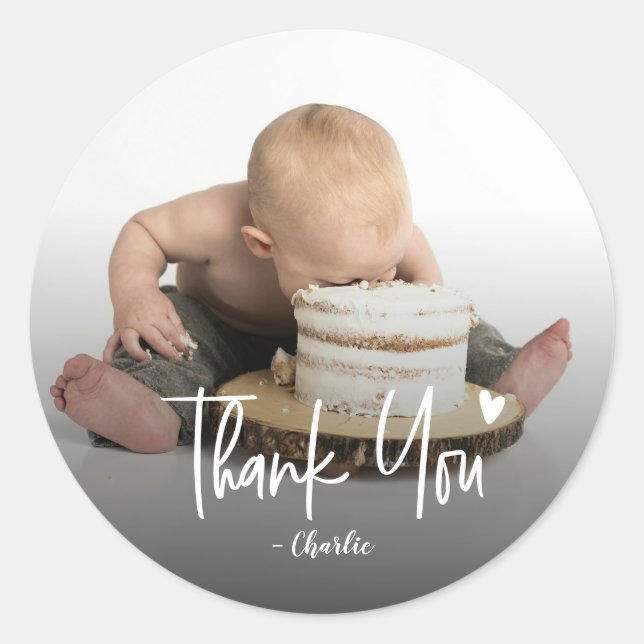 Pegatina Redonda Custom First Birthday Photo Script Thank You (Anverso)