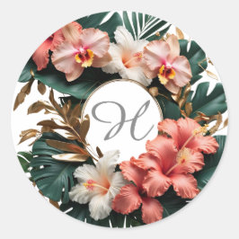 Pegatina Redonda Custom Floral Monogram Tropical Round Sticker