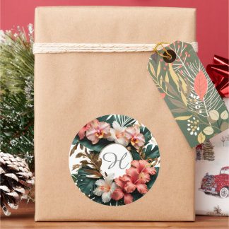 Pegatina Redonda Custom Floral Monogram Tropical Round Sticker