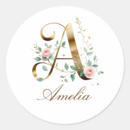 Pegatina Redonda Custom Gold Floral Letter A Round Sticker