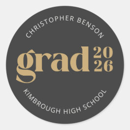 Pegatina Redonda Custom Grad 2026 Charcoal Gold Graduation Seals