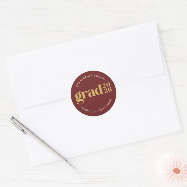 Pegatina Redonda Custom Grad 2026 Red Gold Graduation Seals (Sobre)